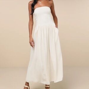 Never Worn Lulu’s Undeniable Affection Ivory Strapless Maxi Dress With Pockets